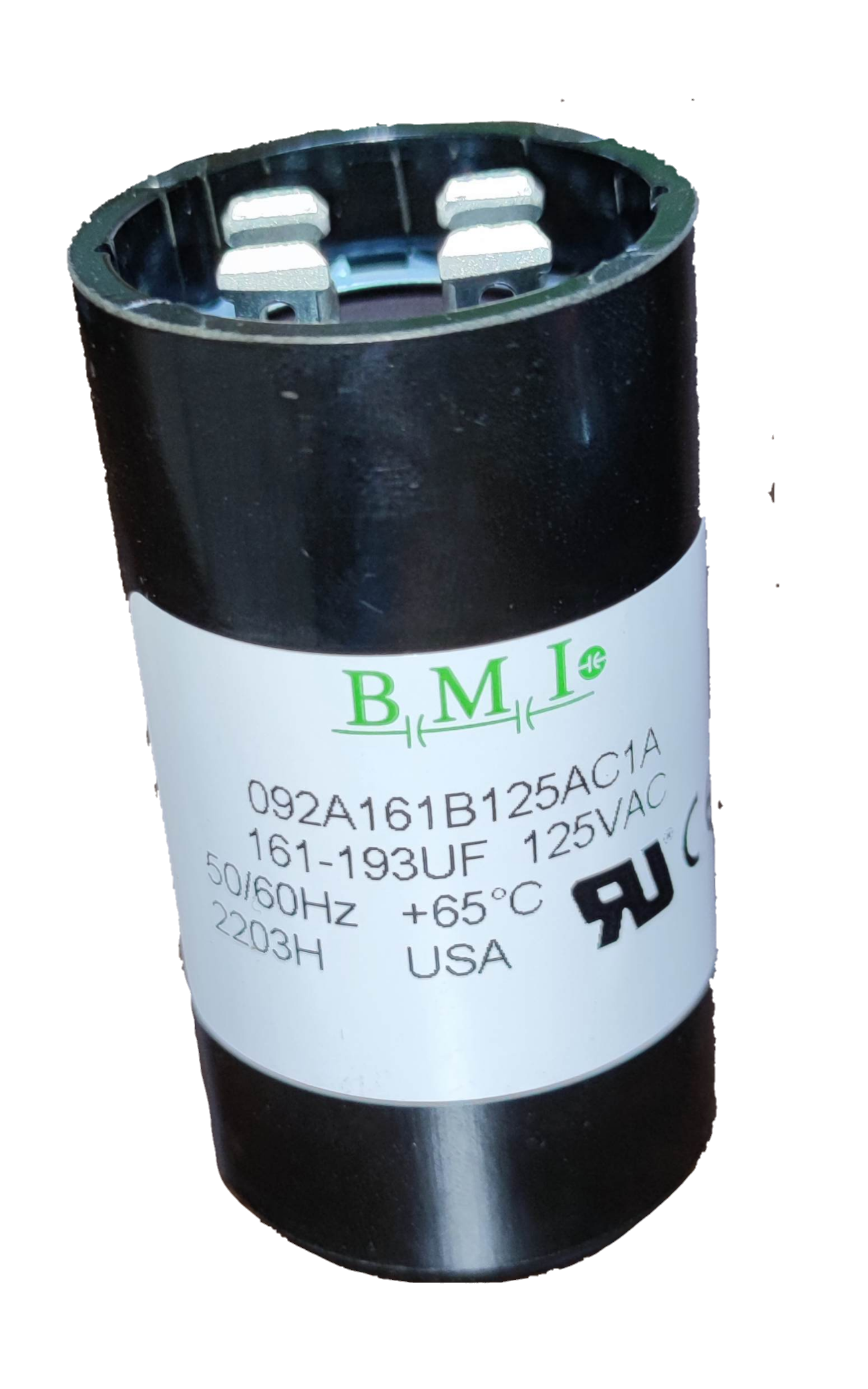 BMI motor starting capacitor 161-193 uf black cylindrical electrical component with labeled specifications