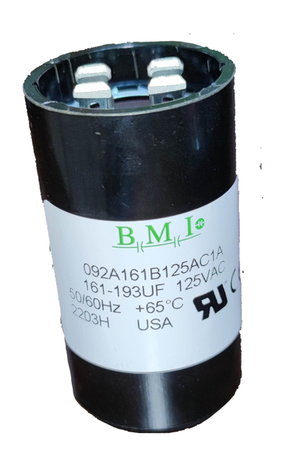 BMI motor starting capacitor 161-193 uf black cylindrical electrical component with labeled specifications
