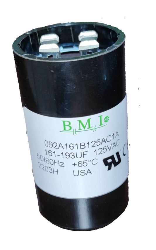 BMI motor starting capacitor 161-193 uf black cylindrical electrical component with labeled specifications