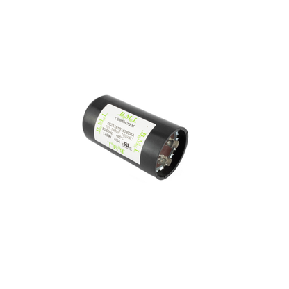 BMI motor starting capacitor 161-193 uf black cylindrical electrical component with metal terminals