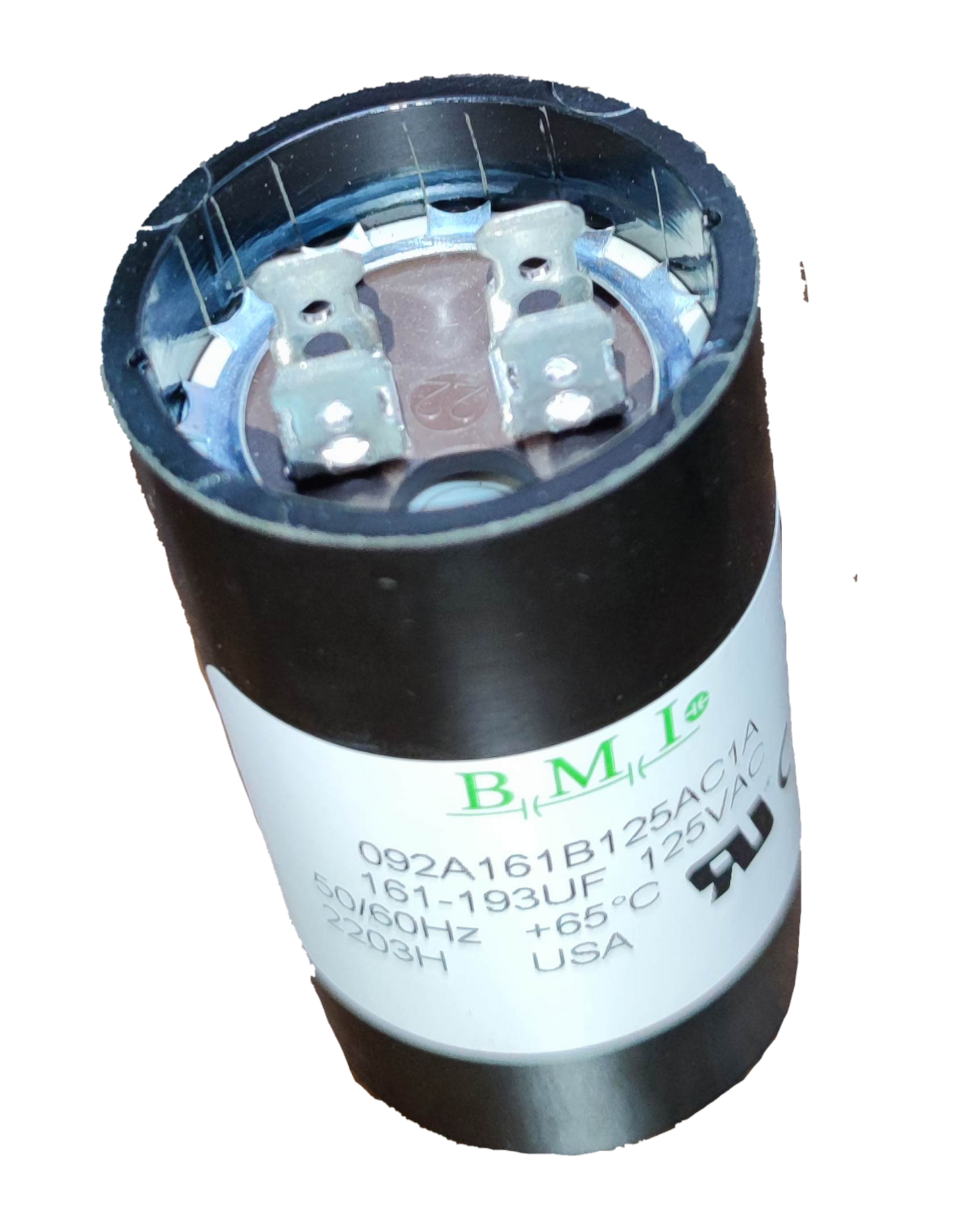 BMI motor starting capacitor 161-193 uf with metal terminals and black casing for electrical circuitry