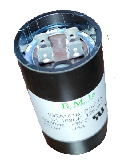 BMI motor starting capacitor 161-193 uf with metal terminals and black casing for electrical circuitry