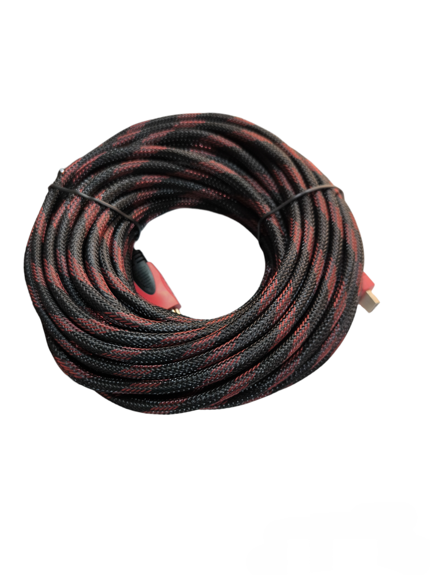 Braided HDMI to HDMI 1.4V cable with red and black woven exterior for durable high-speed connections