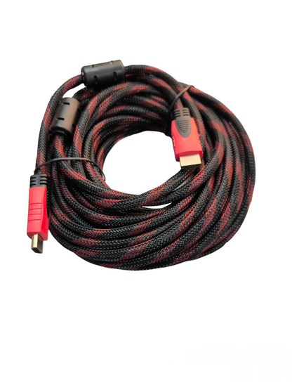 Braided HDMI to HDMI 1.4V cable in black and red with ferrite cores for signal interference reduction