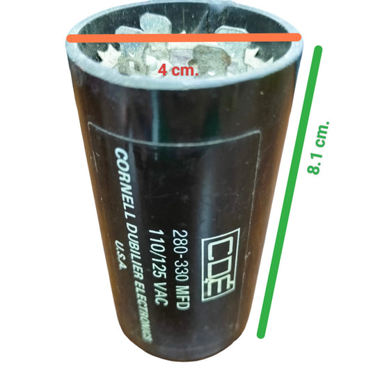 Brand CDE 280-330 MFD 110-125V electrical capacitor with black cylindrical body and labeled specifications