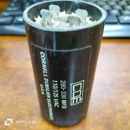 Brand CDE 280-330 MFD 110-125V black electrical capacitor with metal terminals for circuitry