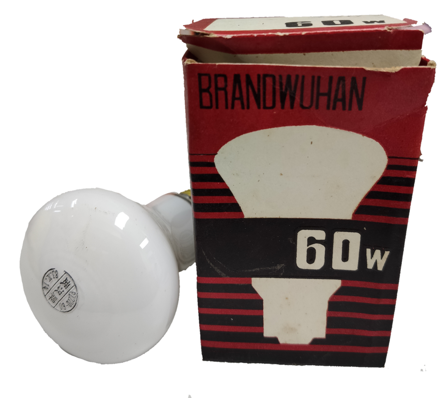 Wuhan incandescent bulb 60W 220V E27 with red and black packaging box showing wattage