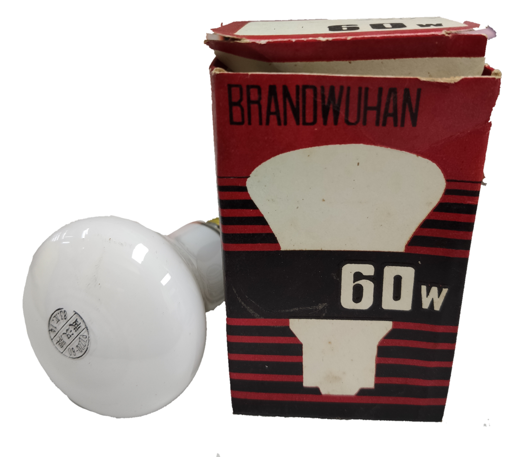 Wuhan incandescent bulb 60W 220V E27 with red and black packaging box showing wattage