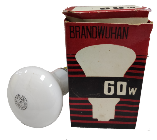 Wuhan incandescent bulb 60W 220V E27 with red and black packaging box showing wattage