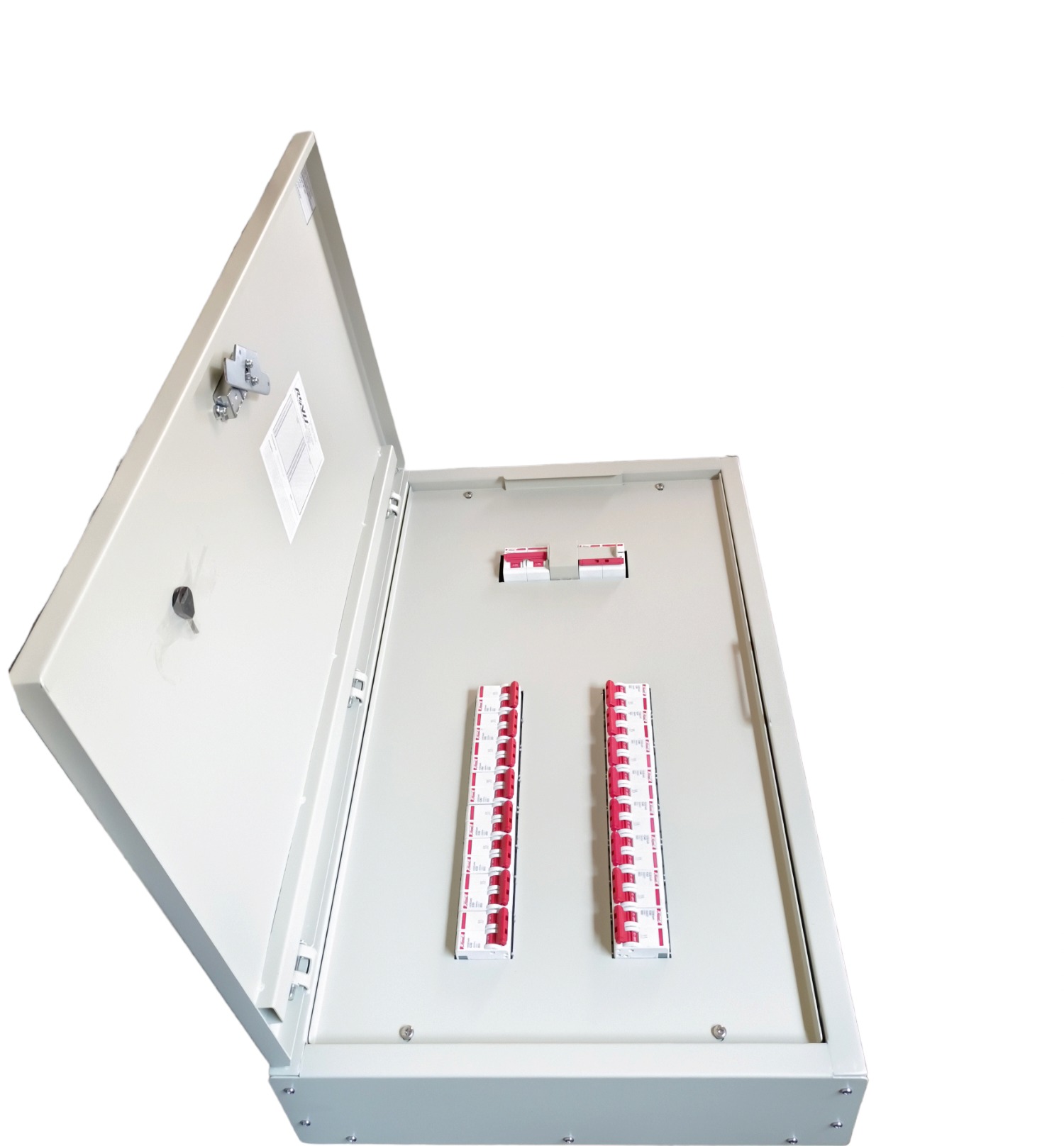 Himel 16 branch circuit breaker panel in gray metal enclosure with open door showing circuit breakers