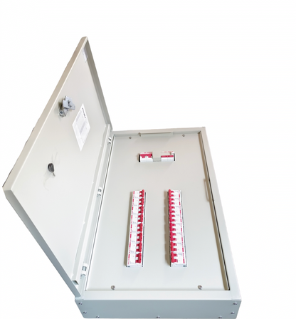 Himel 16 branch circuit breaker panel in gray metal enclosure with open door showing circuit breakers