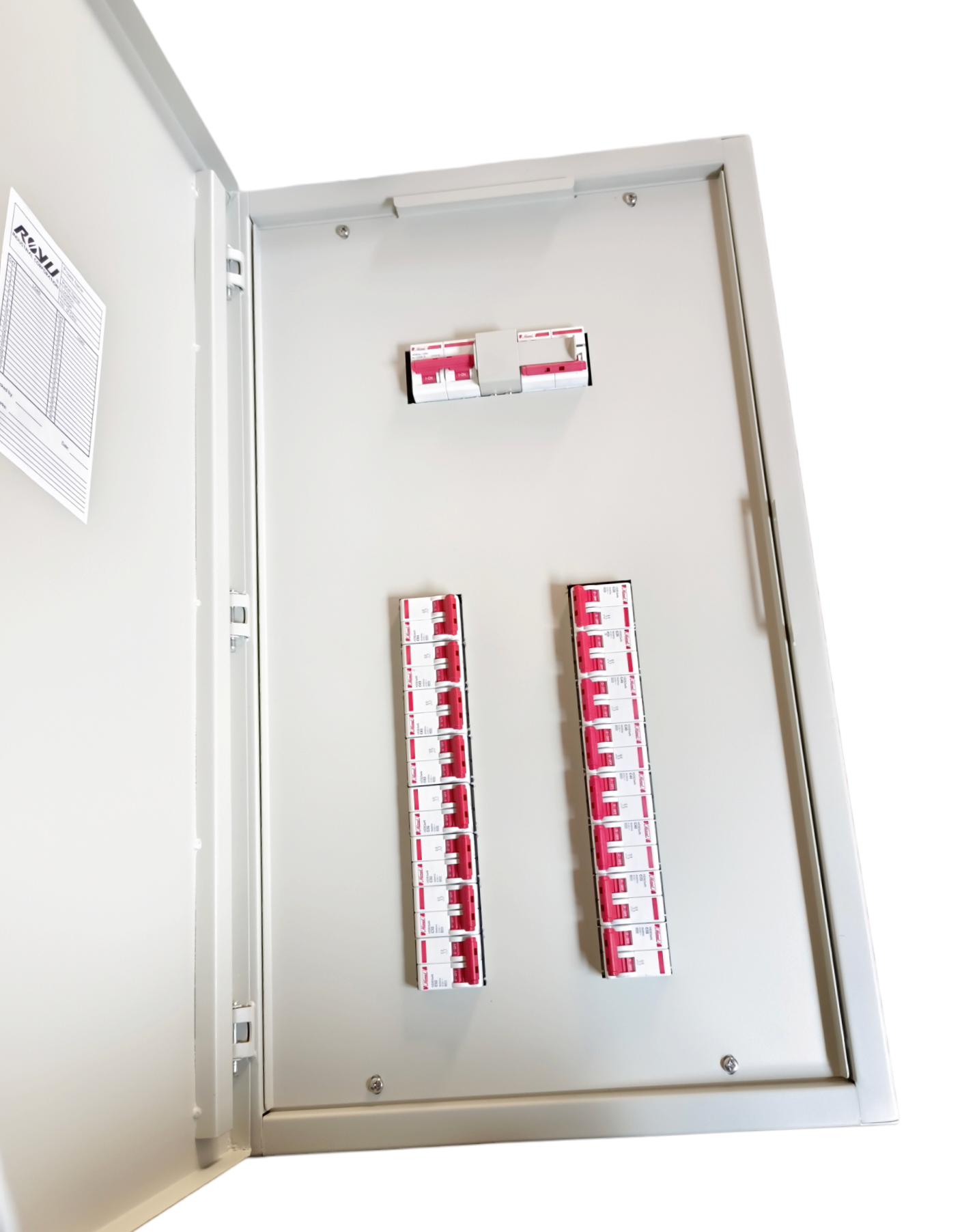 Himel 16 branch circuit breaker panel with open white metal enclosure and red switches inside
