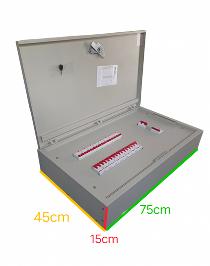 Himel 16 branch circuit breaker panel with open metal casing and red switches measuring 75cm by 45cm by 15cm