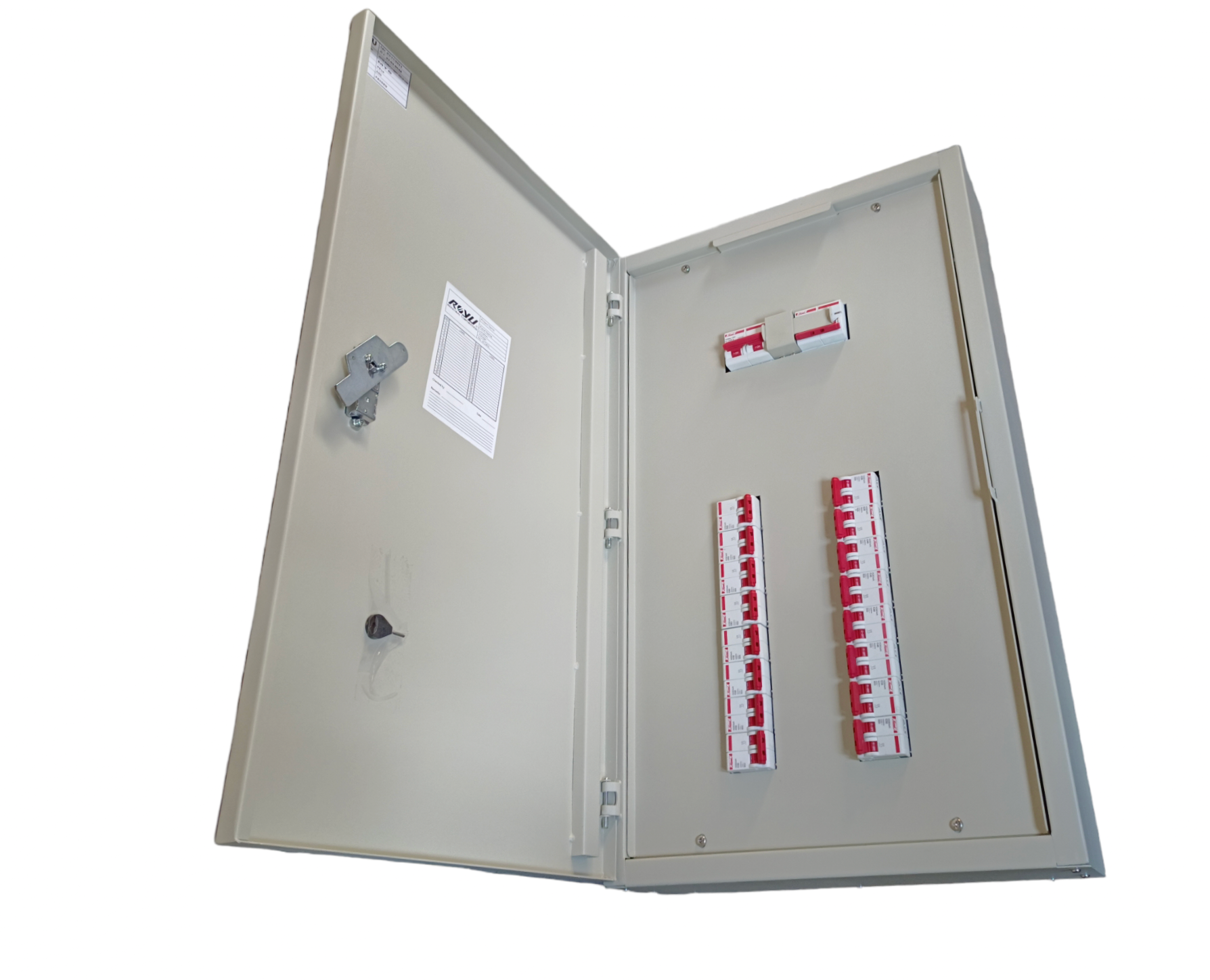 Himel 16 branch circuit breaker panel with multiple circuit breakers inside a metal enclosure