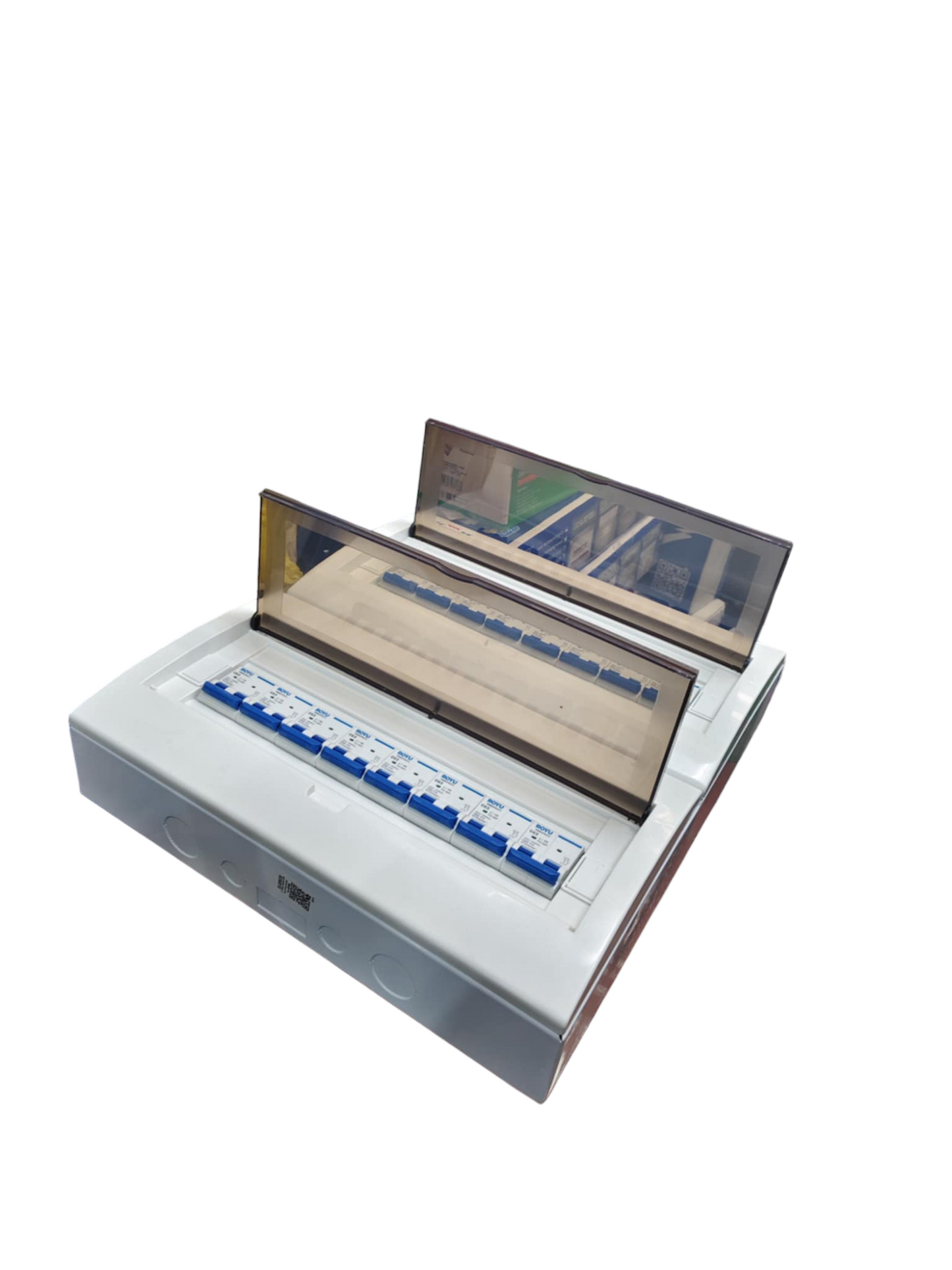 Royu & ZY Breakers Panel Board 63A 2 Pole Main electrical circuitry with multiple switches and protective cover