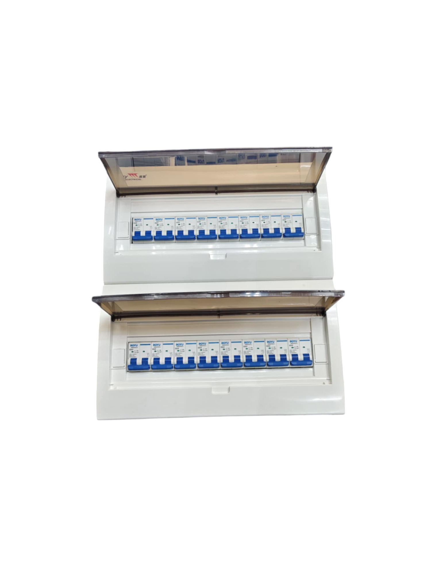 Royu & ZY Breakers Panel Board 63A 2 Pole Main with multiple circuit breakers in white casing