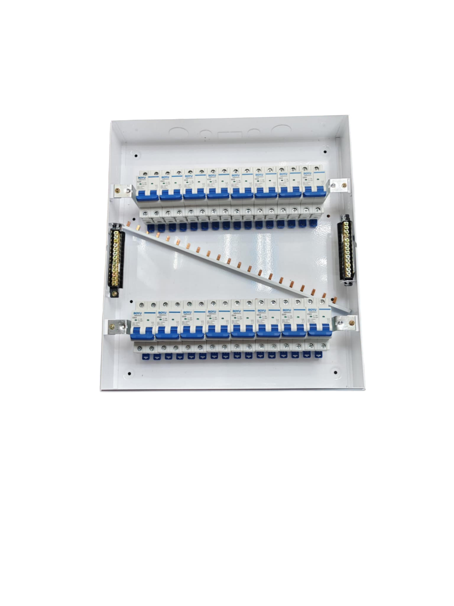 Royu & ZY Breakers Panel Board 63A 2 Pole Main with multiple circuit breakers in metal enclosure