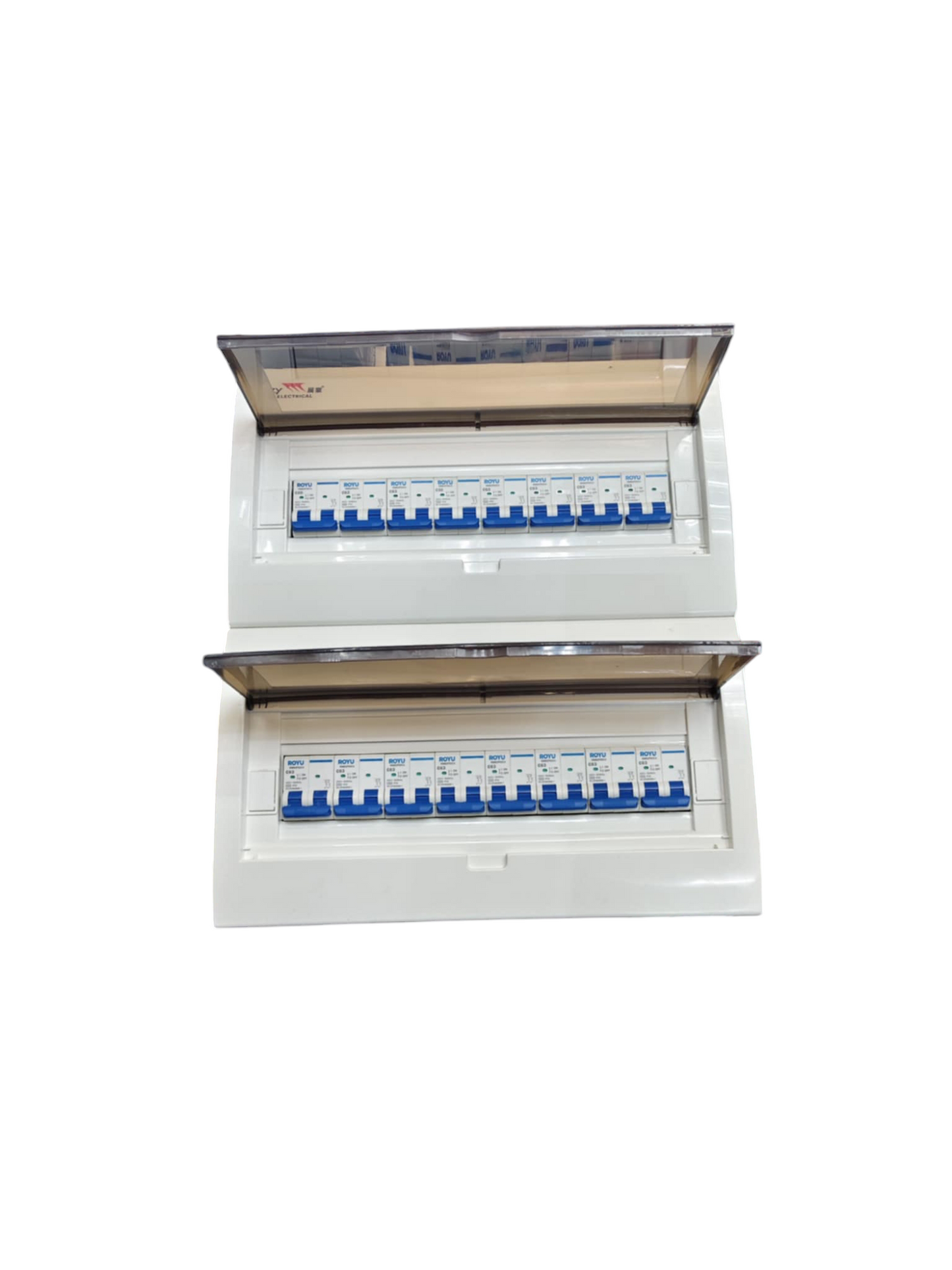 Royu & ZY Breakers Panel Board 50A 2 Pole Main with multiple circuit breakers in white casing
