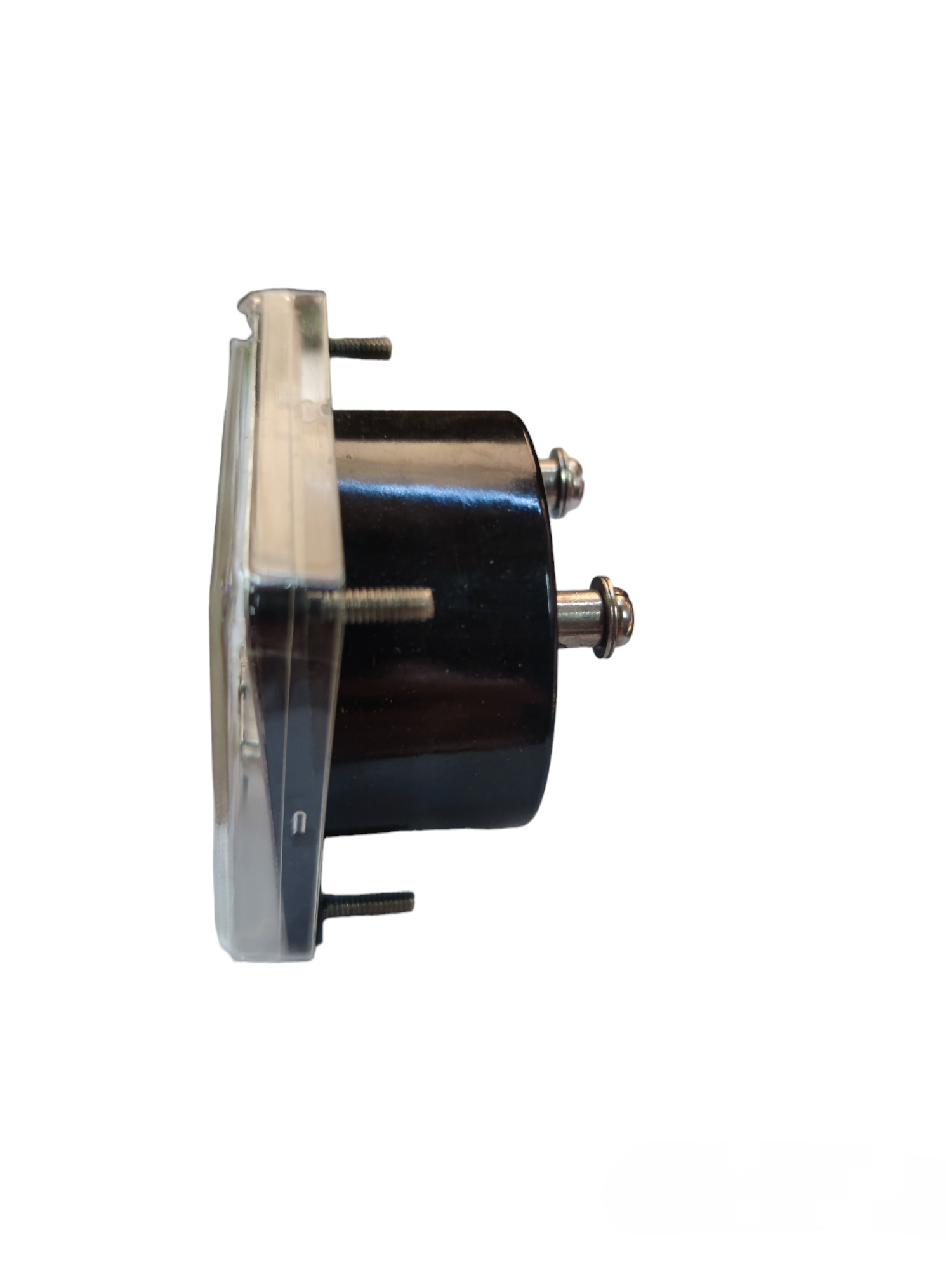 Side view of Eagle Brother 20A DC panel meter 60mm with black cylindrical body and mounting screws