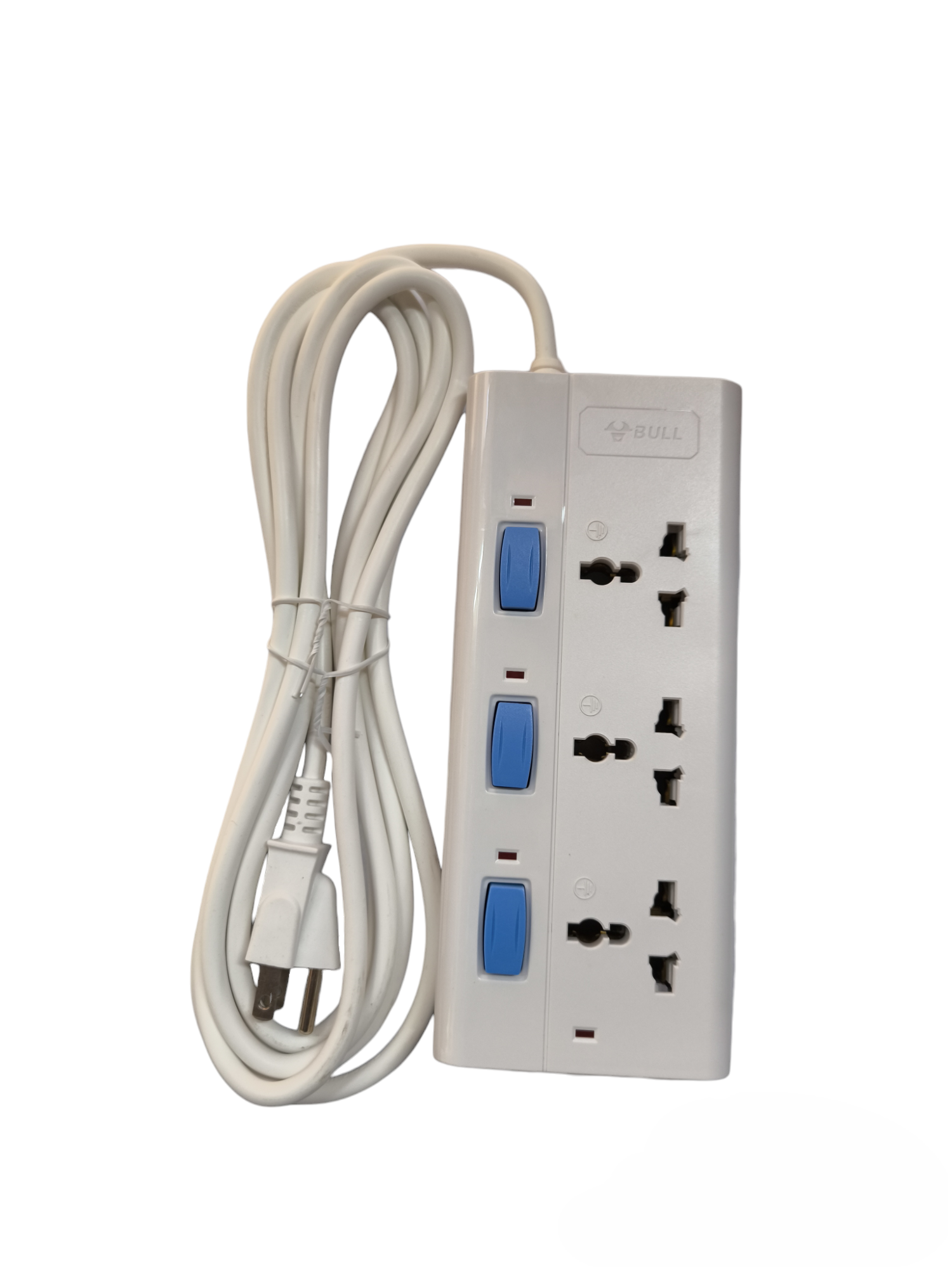 Bull 3 Gang Universal Outlet Extension Cord with individual blue switches and long white power cable