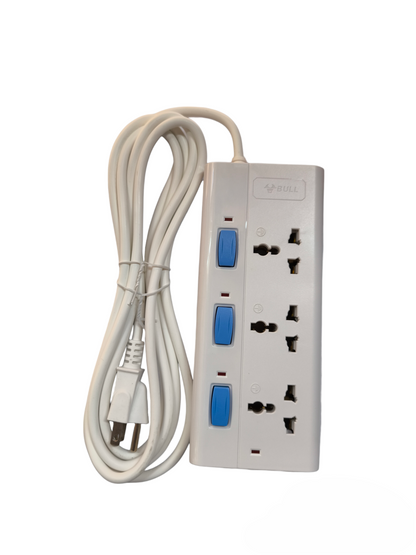 Bull 3 Gang Universal Outlet Extension Cord with individual blue switches and long white power cable
