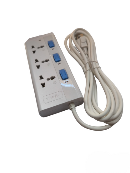 Bull 3 Gang Universal Outlet Extension Cord power strip with individual blue switches and long white cord