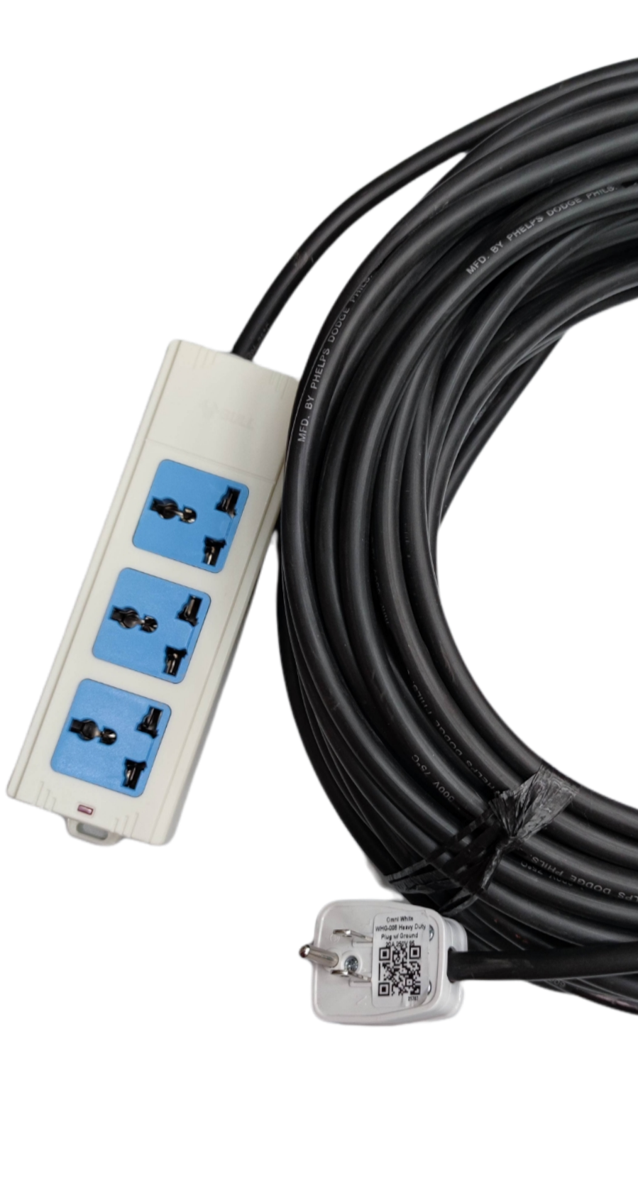 Extension Cord 3 Gang Universal Outlet 10A with three blue universal sockets and long black cable