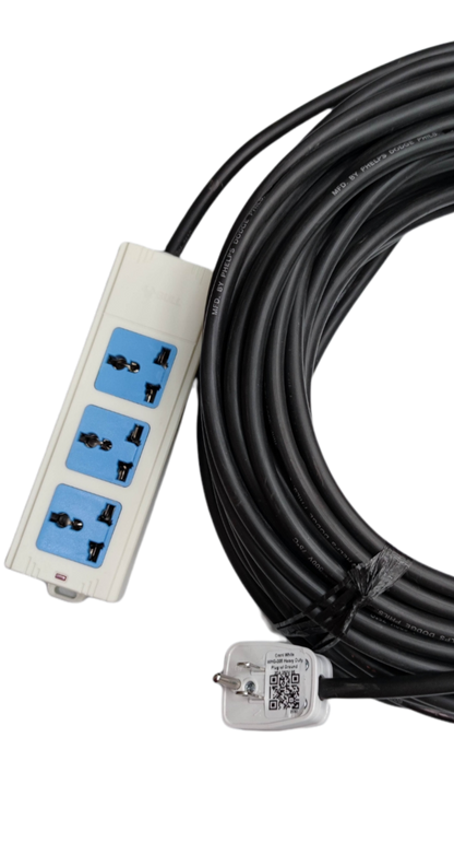 Extension Cord 3 Gang Universal Outlet 10A with three blue universal sockets and long black cable