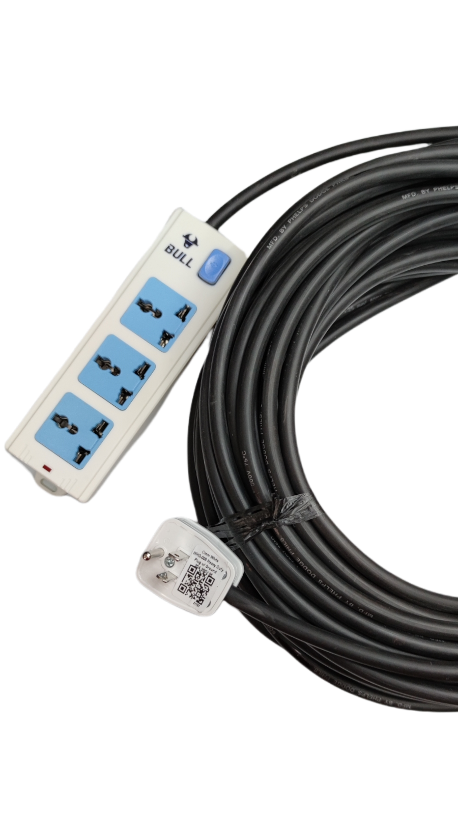 Extension Cord 3 Gang Universal Outlet 10A with long black cable and white power strip by Bull
