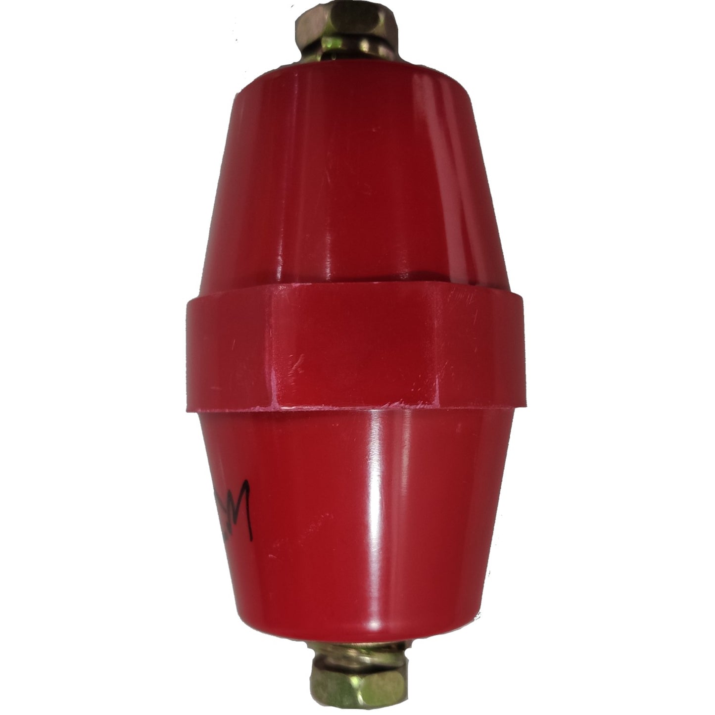 Red mechanical component with brass fitting on a white background