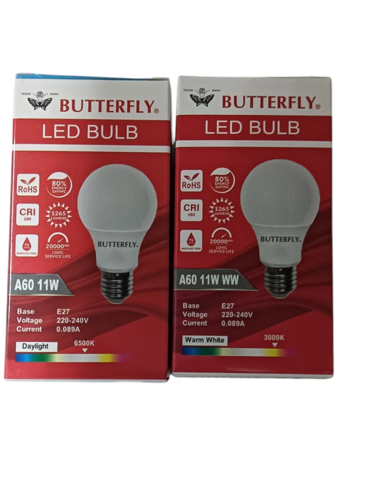 Butterfly 11W LED Bulb E27 220-240V daylight and warm white energy-efficient light bulbs in red packaging