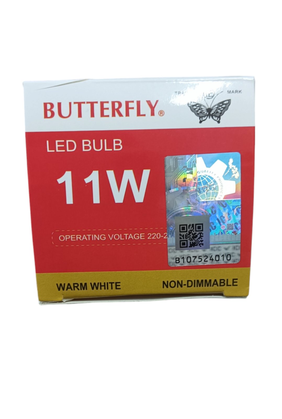 Butterfly 11W LED Bulb E27 220-240V in warm white color non-dimmable packaging
