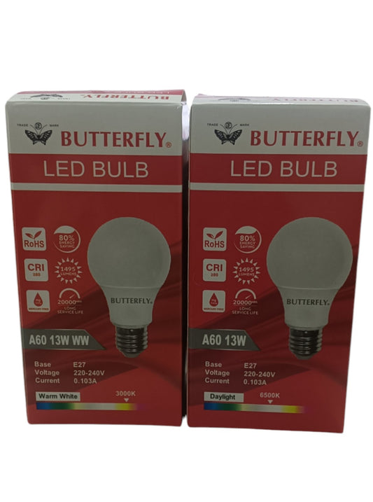 Butterfly 13W LED Bulb E27 220-240V packaged in warm white and daylight color temperature options