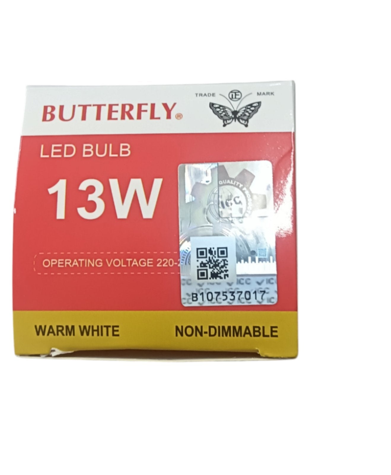 Butterfly 13W LED Bulb E27 220-240V warm white non-dimmable energy-saving light bulb packaging