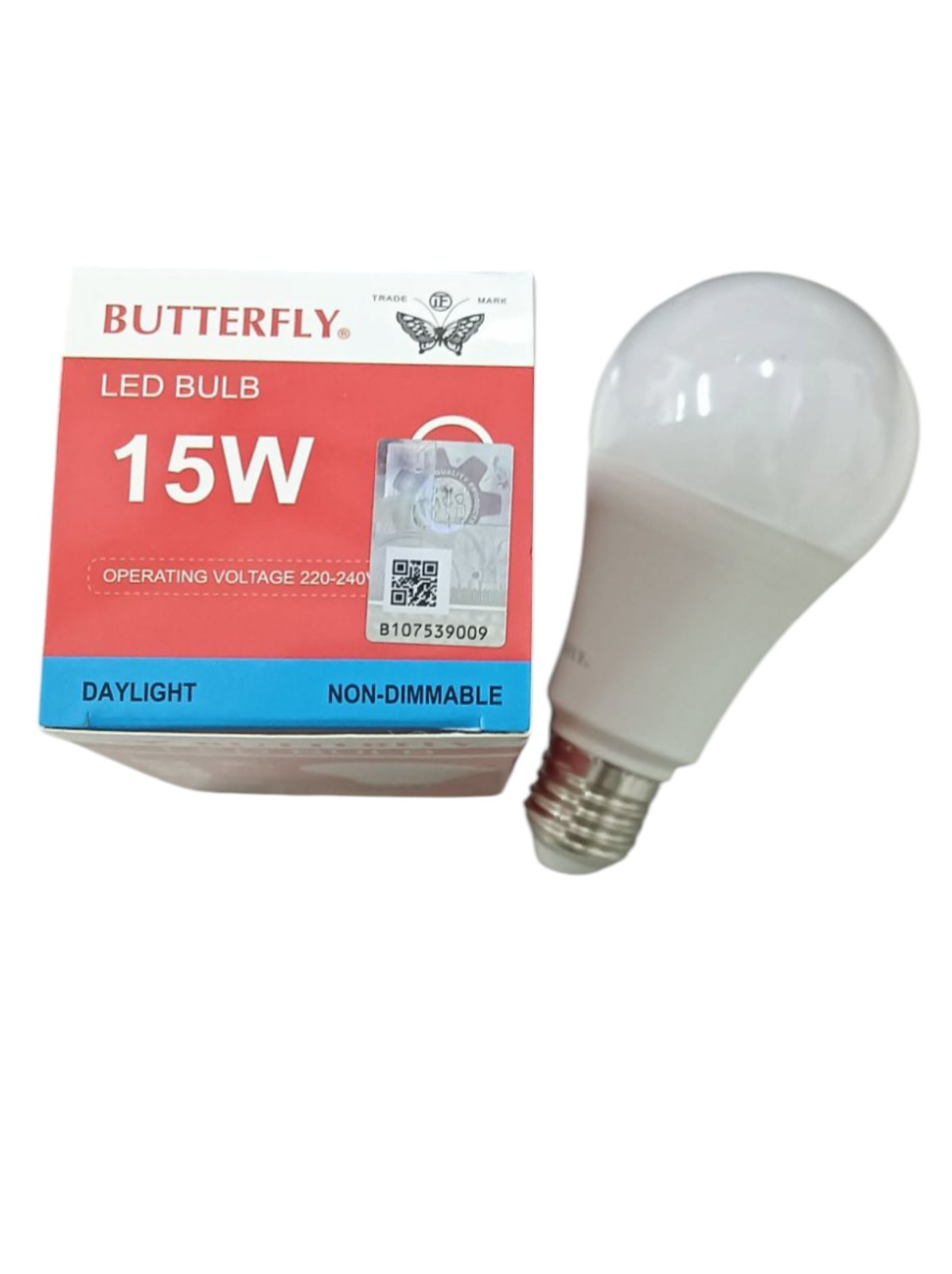 Butterfly 15W LED Bulb E27 220-240V Daylight with red and blue packaging and white bulb