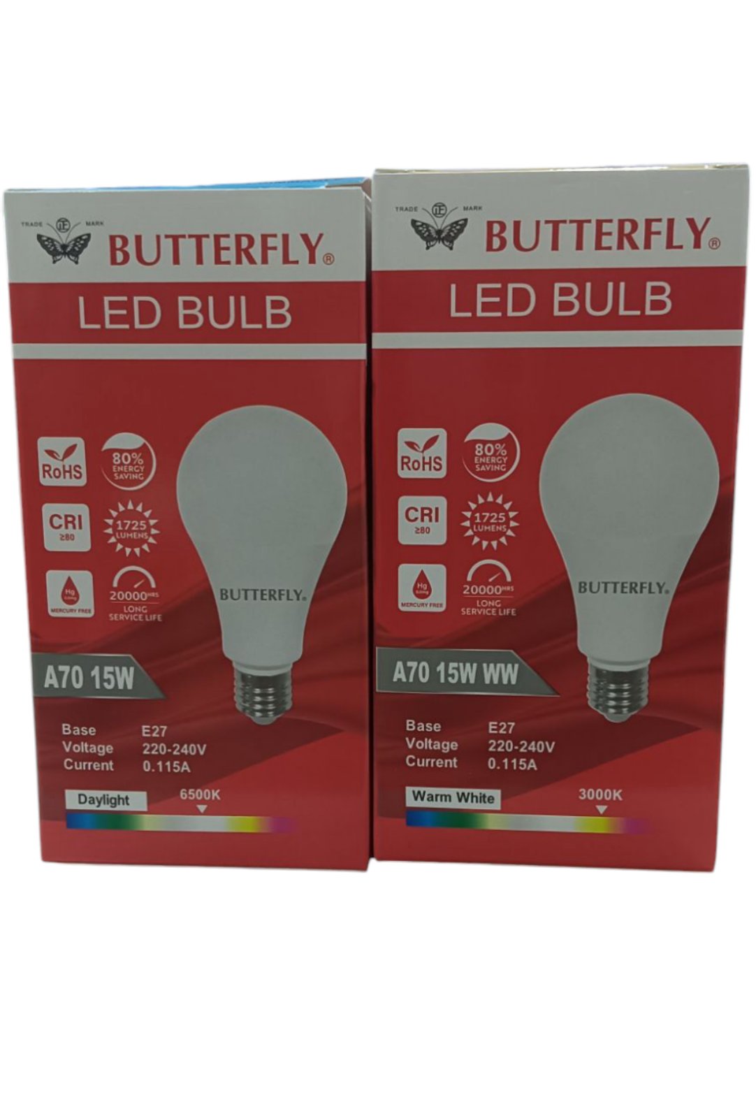Butterfly 15W LED bulb E27 daylight and warm white variants in red and white packaging