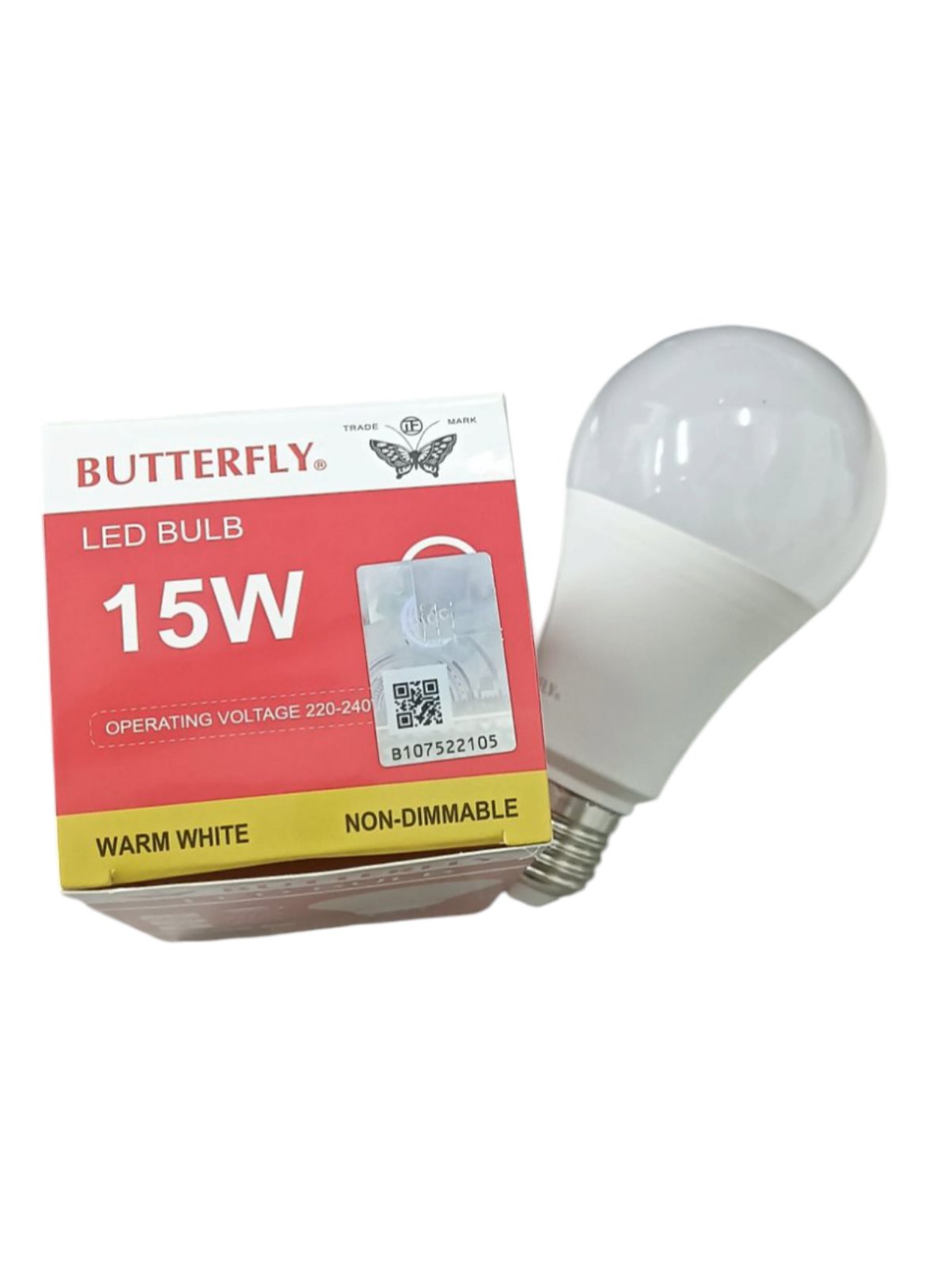 Butterfly 15W LED bulb E27 with warm white light and non-dimmable feature next to its red and white packaging