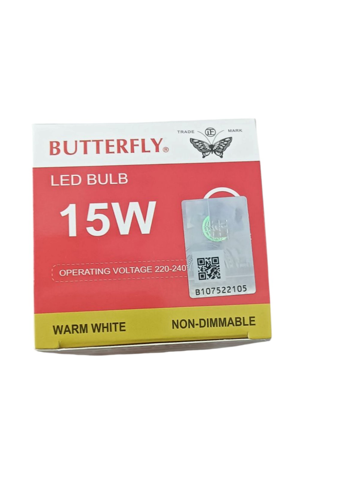 Butterfly 15W LED bulb E27 in warm white color non-dimmable with 220-240V operating voltage