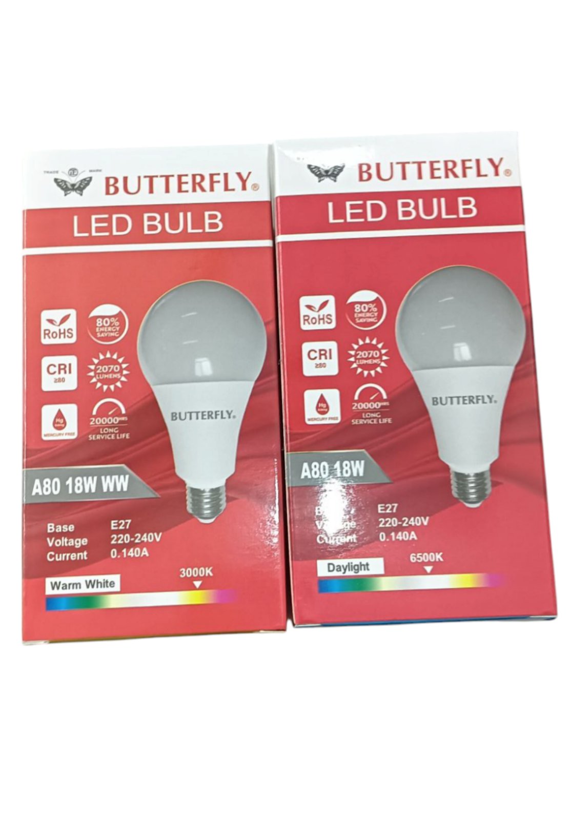 Butterfly 18W LED Bulb E27 220-240V warm white and daylight variants in retail packaging