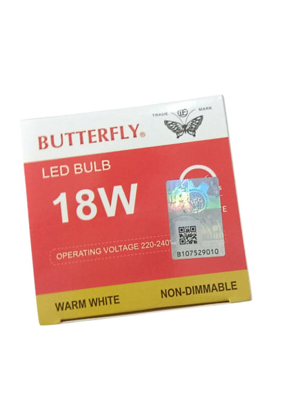 Butterfly 18W LED bulb E27 packaging in warm white color, non-dimmable with operating voltage 220-240V