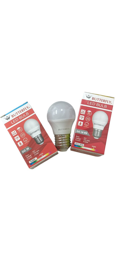 Butterfly 3W LED Bulb E27 220-240V white frosted globe shown with two red retail boxes in product display