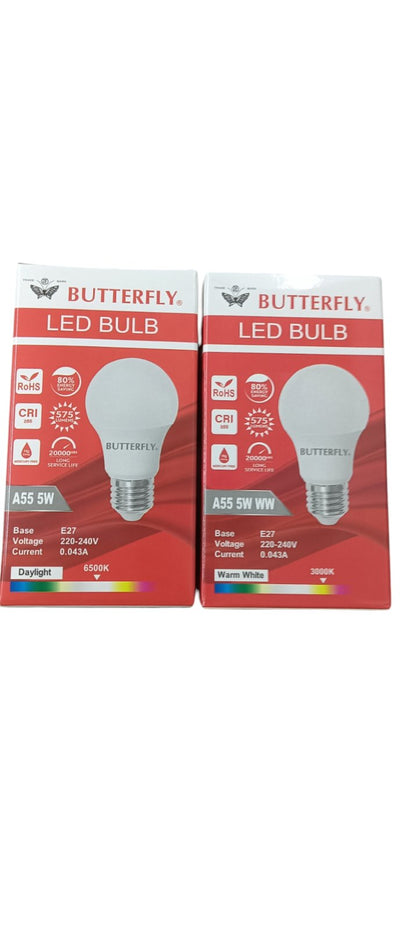 Butterfly 5W LED Bulb E27 220-240V packaging showing daylight and warm white light options
