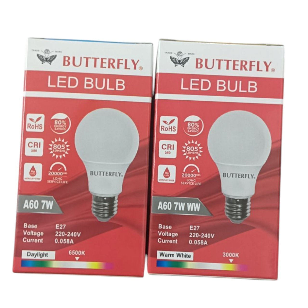 Butterfly 7W LED Bulb E27 220-240V daylight and warm white options in red packaging