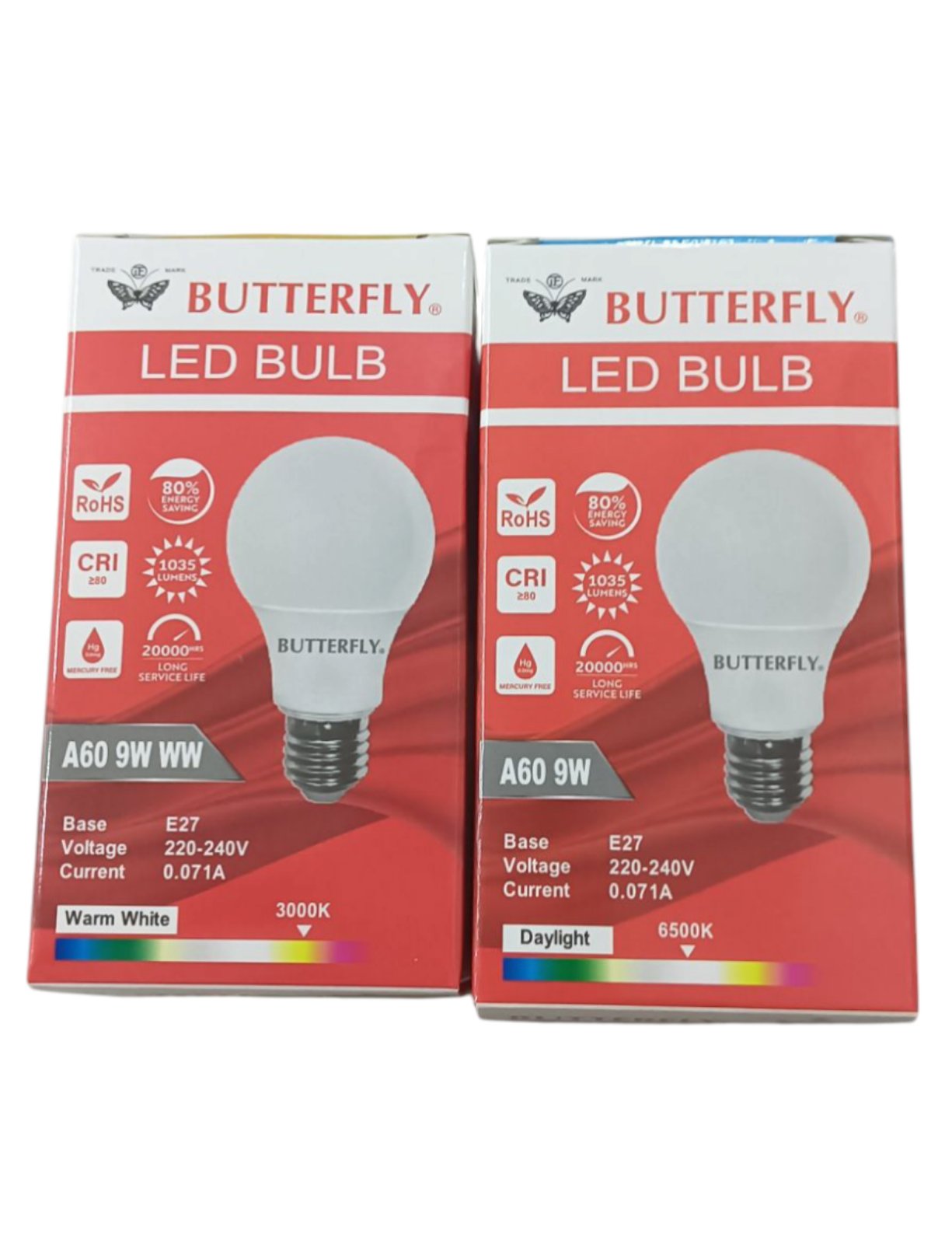 Butterfly 9W LED bulb daylight 220V in two boxes, featuring warm white and daylight options with E27 base