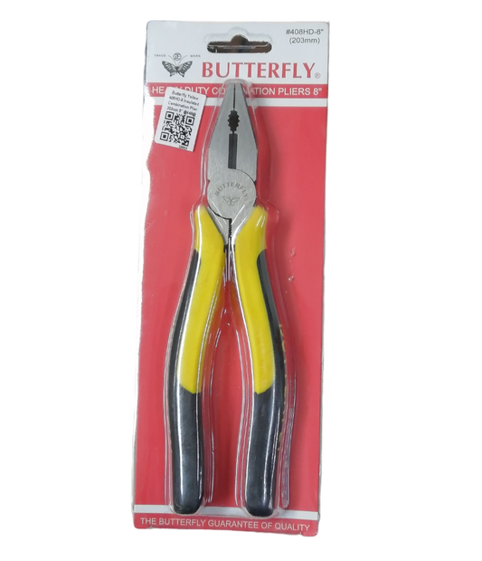 Butterfly Combination Plier 203mm 8 Inches with yellow and black handles in packaging