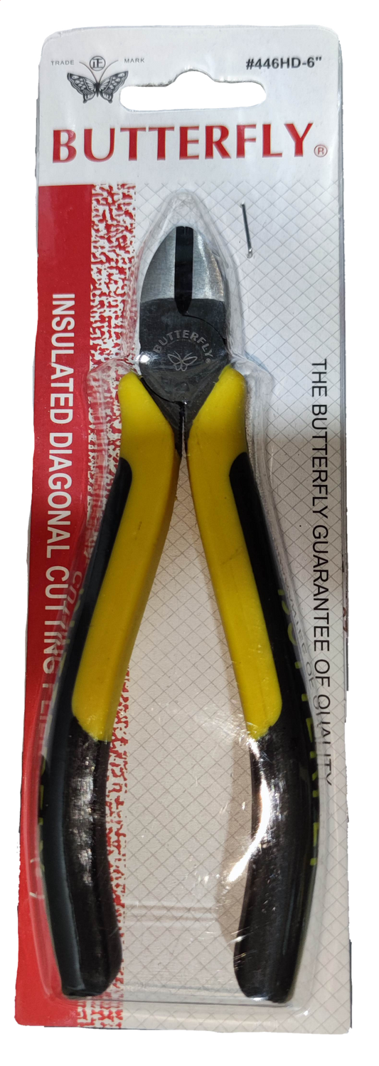 Butterfly Insulated Diagonal Cutting Pliers 152mm with yellow and black handles in packaging
