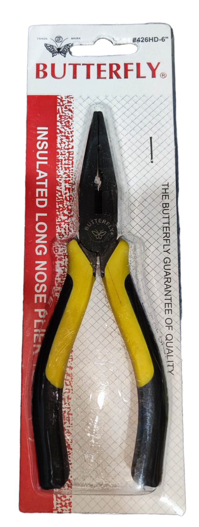 Butterfly Long Nose Plier 152mm 6 Inches with insulated yellow and black handles in packaging