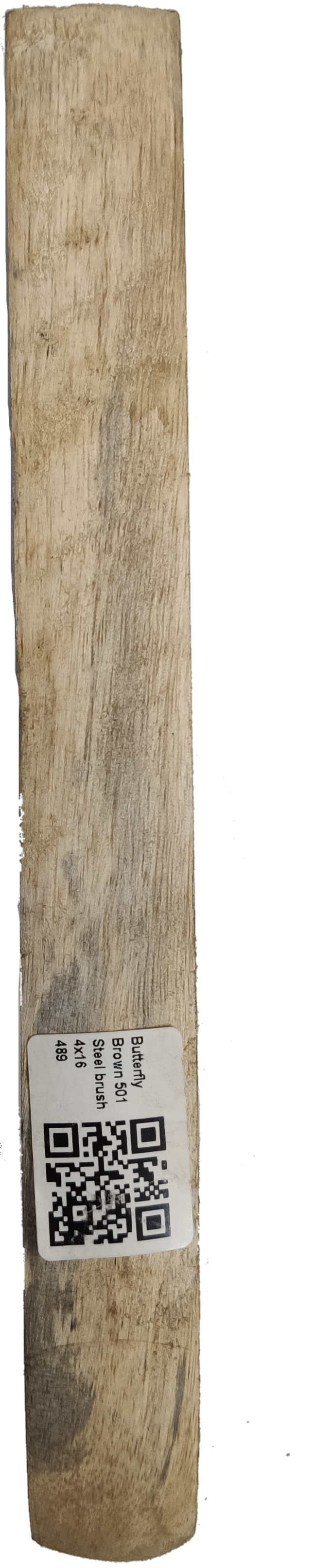 Butterfly Steel Brush handle made of worn wood with a QR code label attached