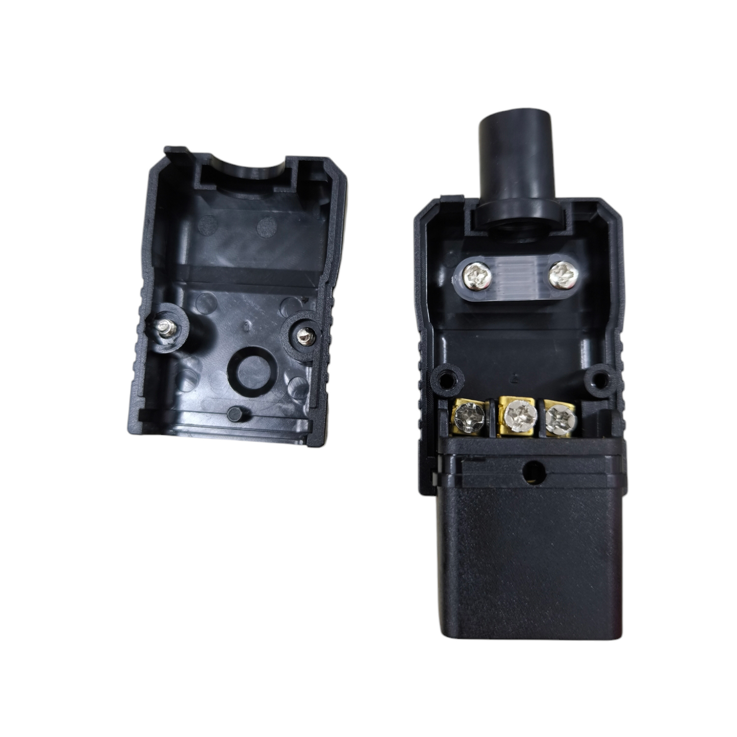 Grippes C19 Female Computer Connetor electrical circuitry part with open black plastic casing