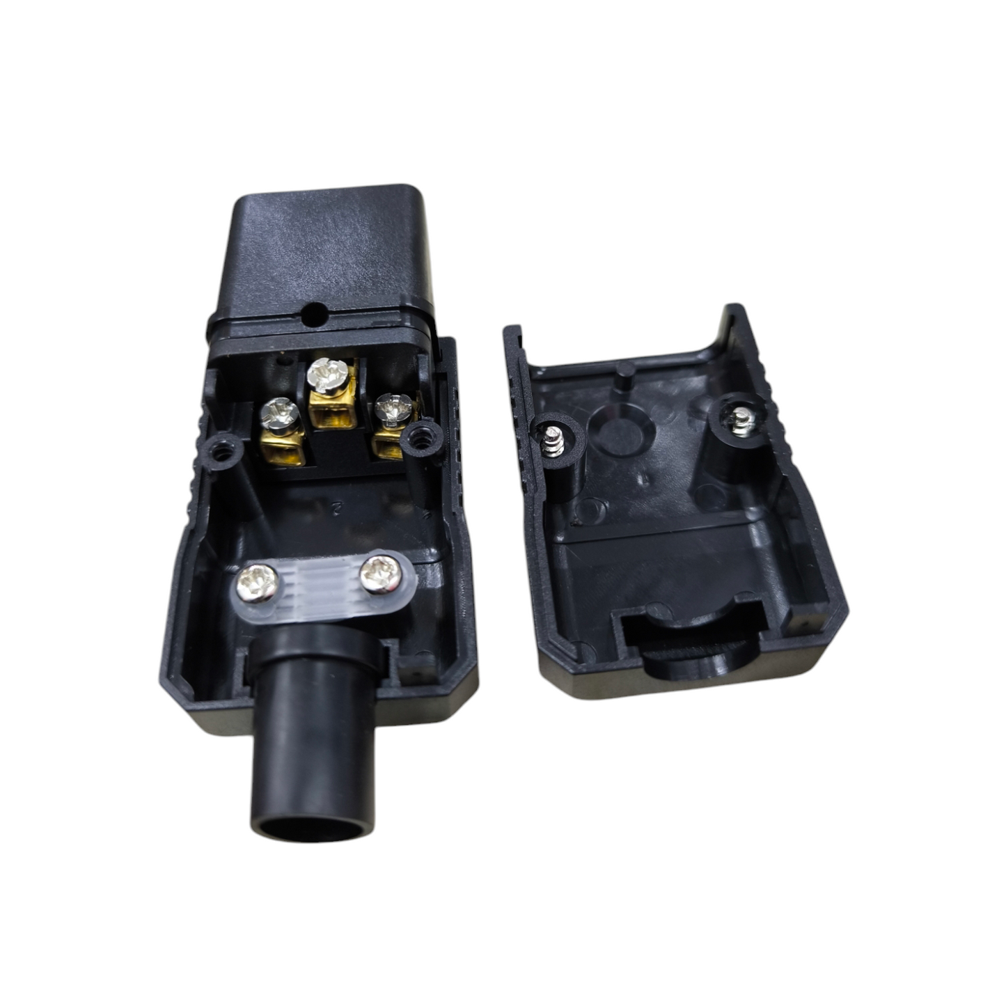 Grippes C19 Female Computer Connetor electrical circuitry part with black plastic casing opened